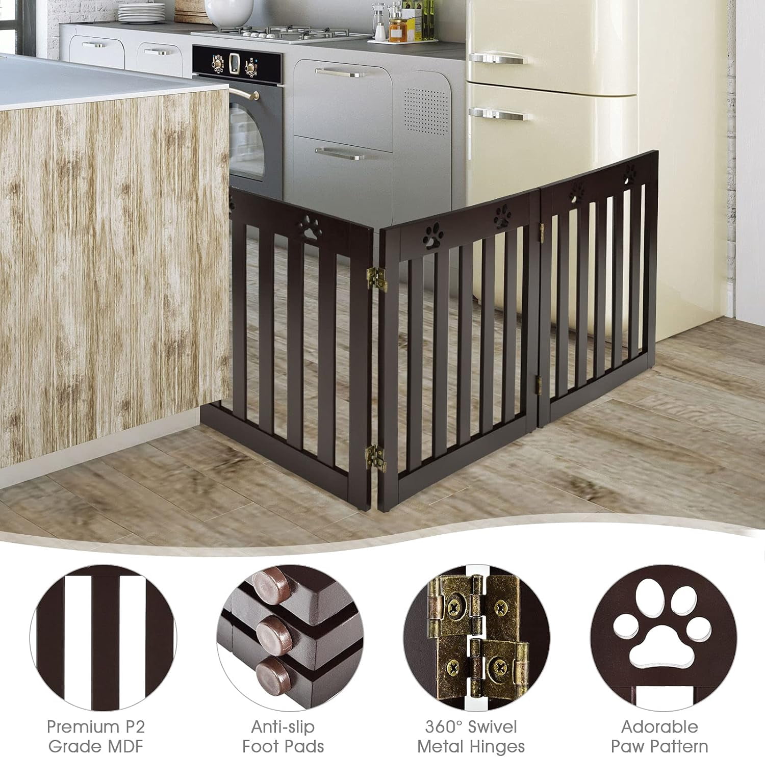 Freestanding Dog Gate, 3 Panel 60 in Wide 24 in Tall Pet Gates for Dogs, Dog Fences Indoor for House, Stairs, Doorways, Brown