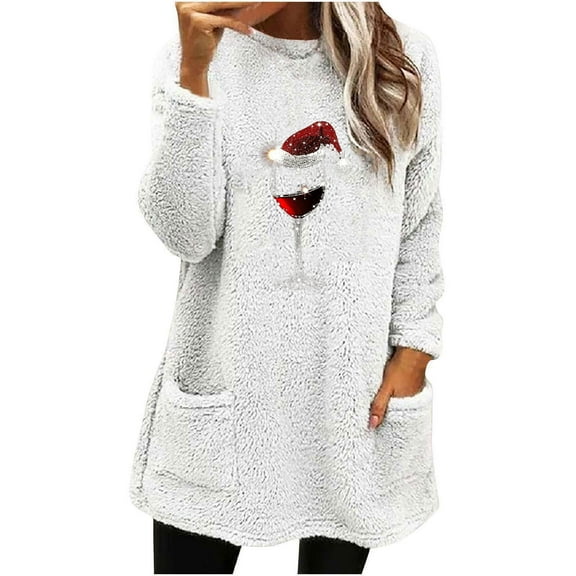 hotojiny Christmas Plush Pajama Top for Women Crew Neck Fleece Pullover Tops Long Sleeve Fuzzy Loungewear for Fall Winter