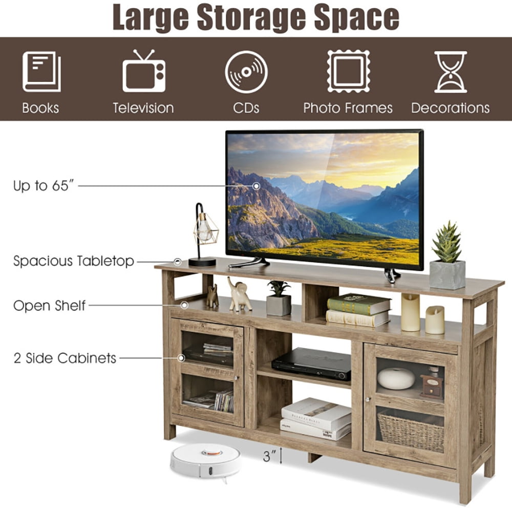 Finihen TV Stand, TV Cabinet, 58 Inch TV Stand Entertainment Console Center with 2 Cabinets, Media Entertainment Center with Storage, for Living Room, Bedroom, Natural