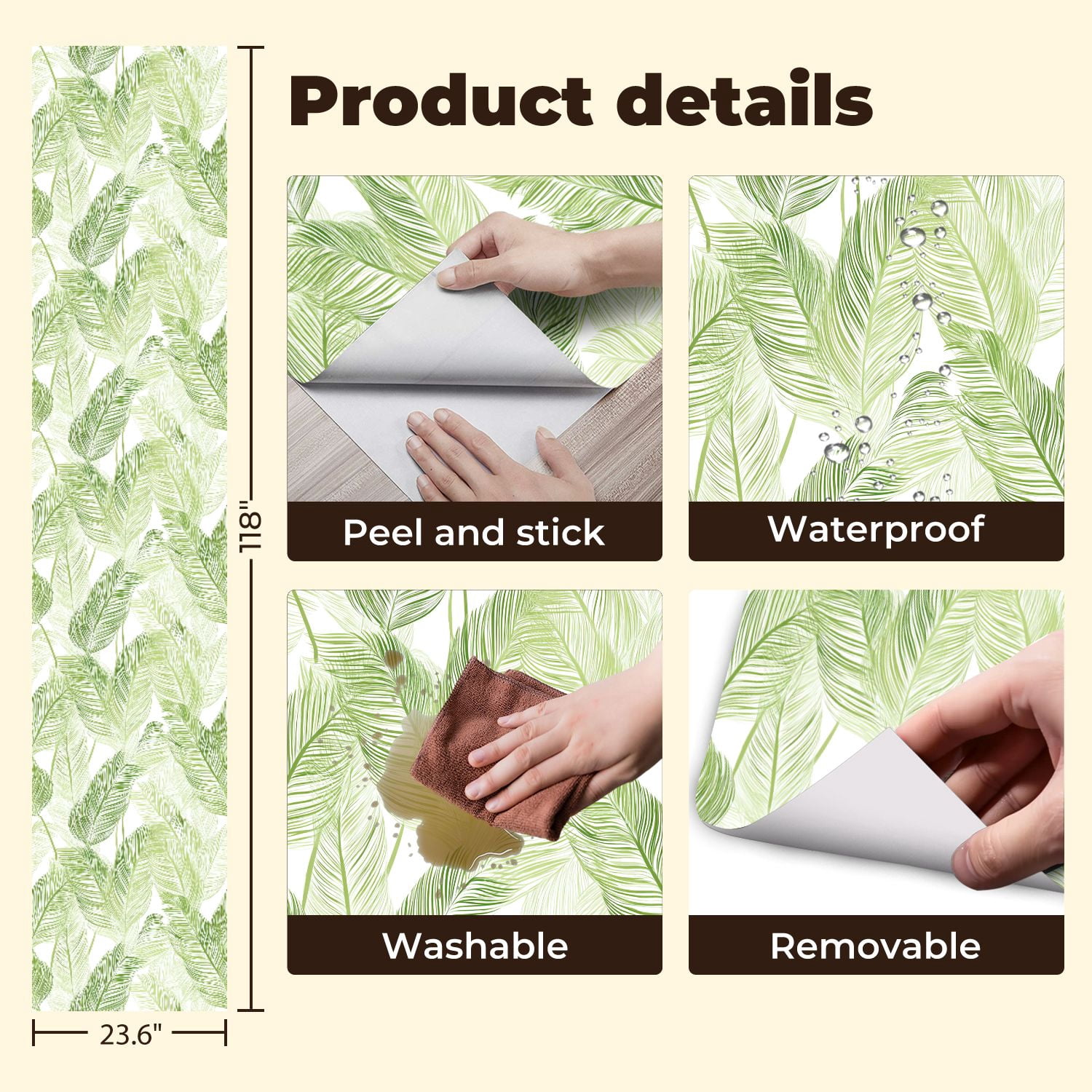 Sage Green Peel and Stick Wallpaper Tropical Green Leaf Delicate Line Wall Mural 23.6in x 9.8ft Self Adhesive Removable Wall Paper Renter Friendly Wallpaper for Girls Bedroom