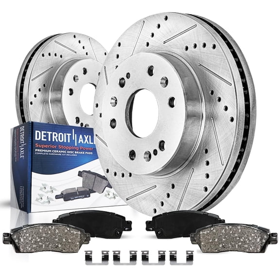Detroit Axle - Front Brake Kit for Cadillac Escalade ESV EXT XTS Chevy GMC Silverado Suburban Express Sierra Savana Yukon XL 1500 Drilled & Slotted Brake Rotors Ceramic Brakes Pads Replacement