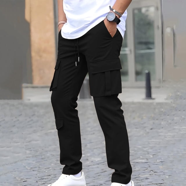 Ceisia Men's Solid Color Slim Straight Cargo Pants Elastic Waist Drawstring Tactical Trousers with Multi Pockets Gifts