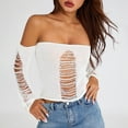 thumbnail image 3 of Carolilly Women Summer Crop Top, Long Sleeve Off-shoulder Ripped Solid Ladies Tops for Club Party，S/M.L, 3 of 6