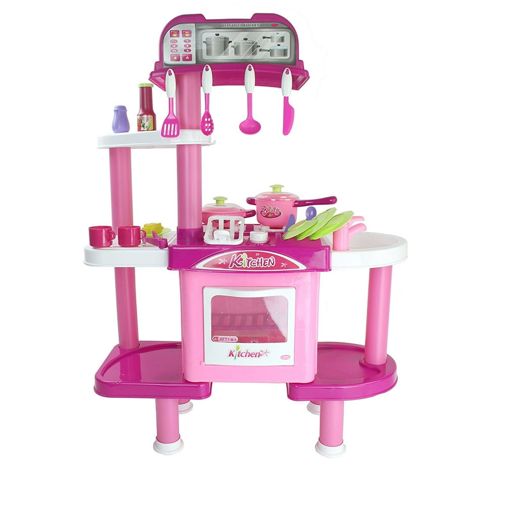 Beauty Kitchen Toy Pink Kitchen Playset w/ Toy Dishes, Utensils