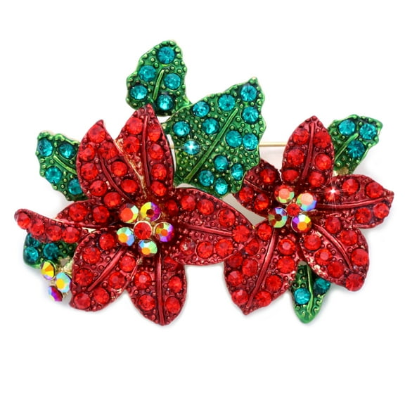 cocojewelry Christmas Poinsettia Red Green Crystal Pin Brooch Holiday Jewelry