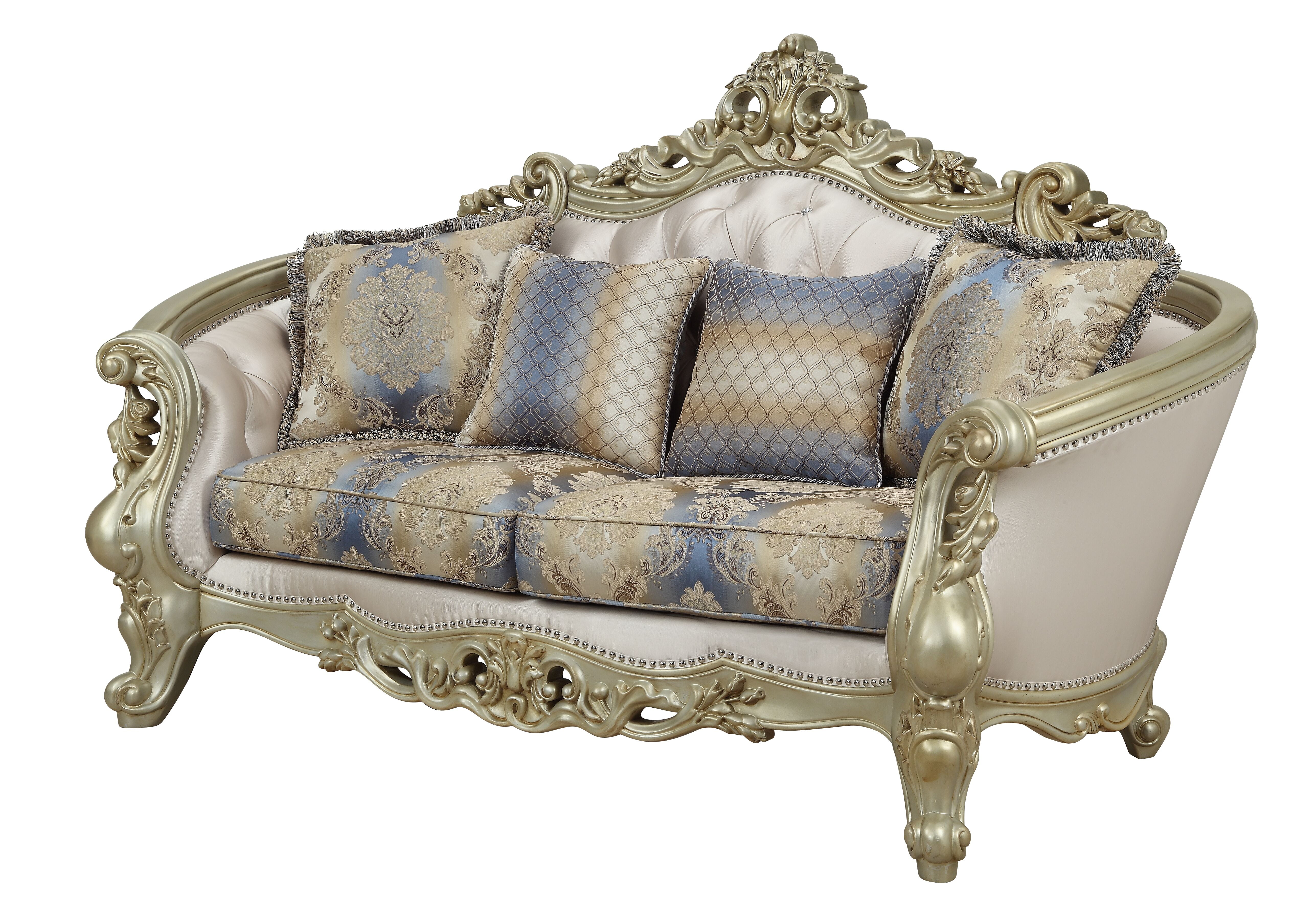 Acme Gorsedd Loveseat with 4 Pillows in Cream Fabric and Antique White