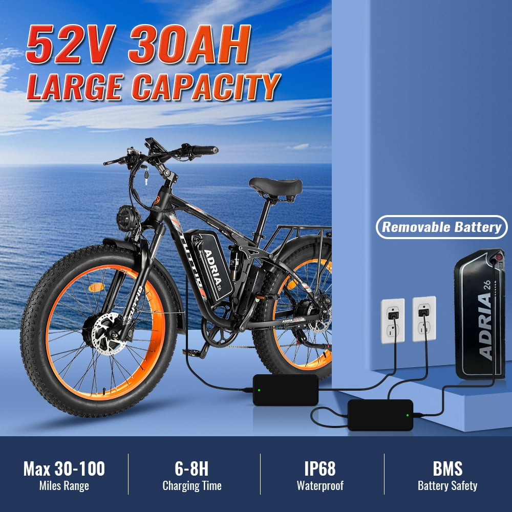 TUTTIO Adria26 Electric Mountain Bike for Adults Teen, 5000W Men Off-Road Ebike, 26" Fat Tire Full Suspension Electric Bicycles, 7 Speed, 52V 30Ah Battery, Max 46Mph UL2849
