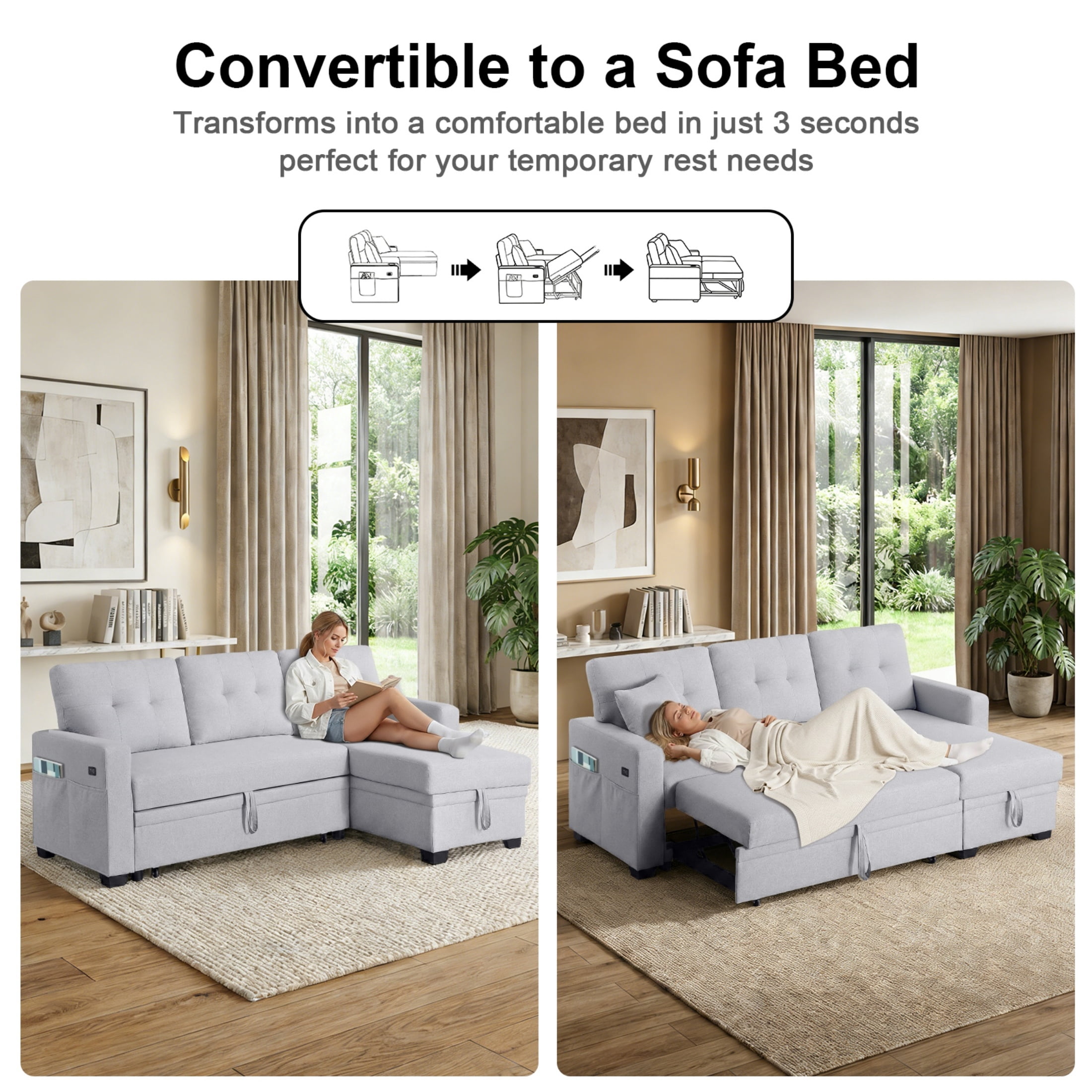ShiKeyi 82" L Shaped Sleeper Sofa Bed, Sectional Sleeper Couch with Pull Out Bed, 3 Seat Convertible Sofa Bed with Storage Chaise, USB Charging Ports for Living Room, Light Gray Linen Fabric