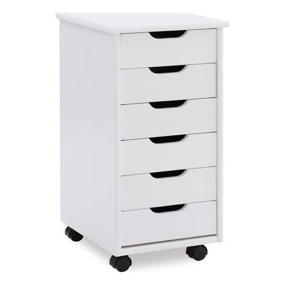 Maklaine Transitional Six Drawer Rolling Storage Cart in White Wash Wood