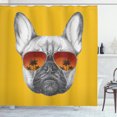thumbnail image 1 of Bulldog Shower Curtain, Hand Drawn Portrait of a Cool Pet in Sunglasses Exotic Feels, Fabric Bathroom Set with Hooks, 69W X 84L Inches Extra Long, Earth Yellow Grey and Cinnamon, by Ambesonne, 1 of 3
