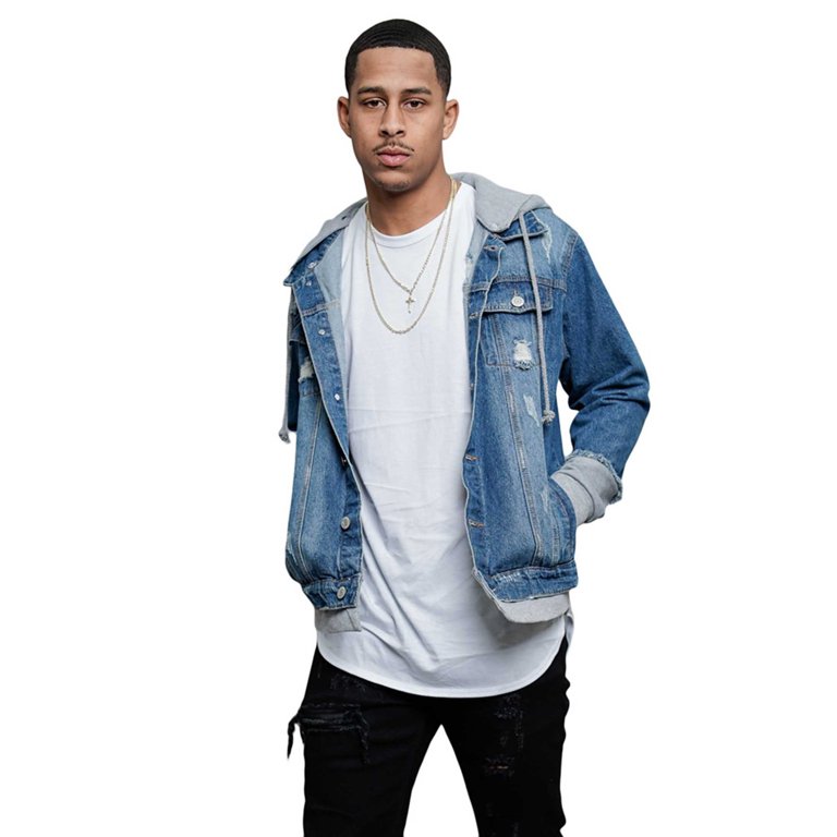 Victorious Men's Hoodie Layered Ripped Denim Jacket with Removable Hood  DK140 - Indigo/Grey - Medium - Walmart.com