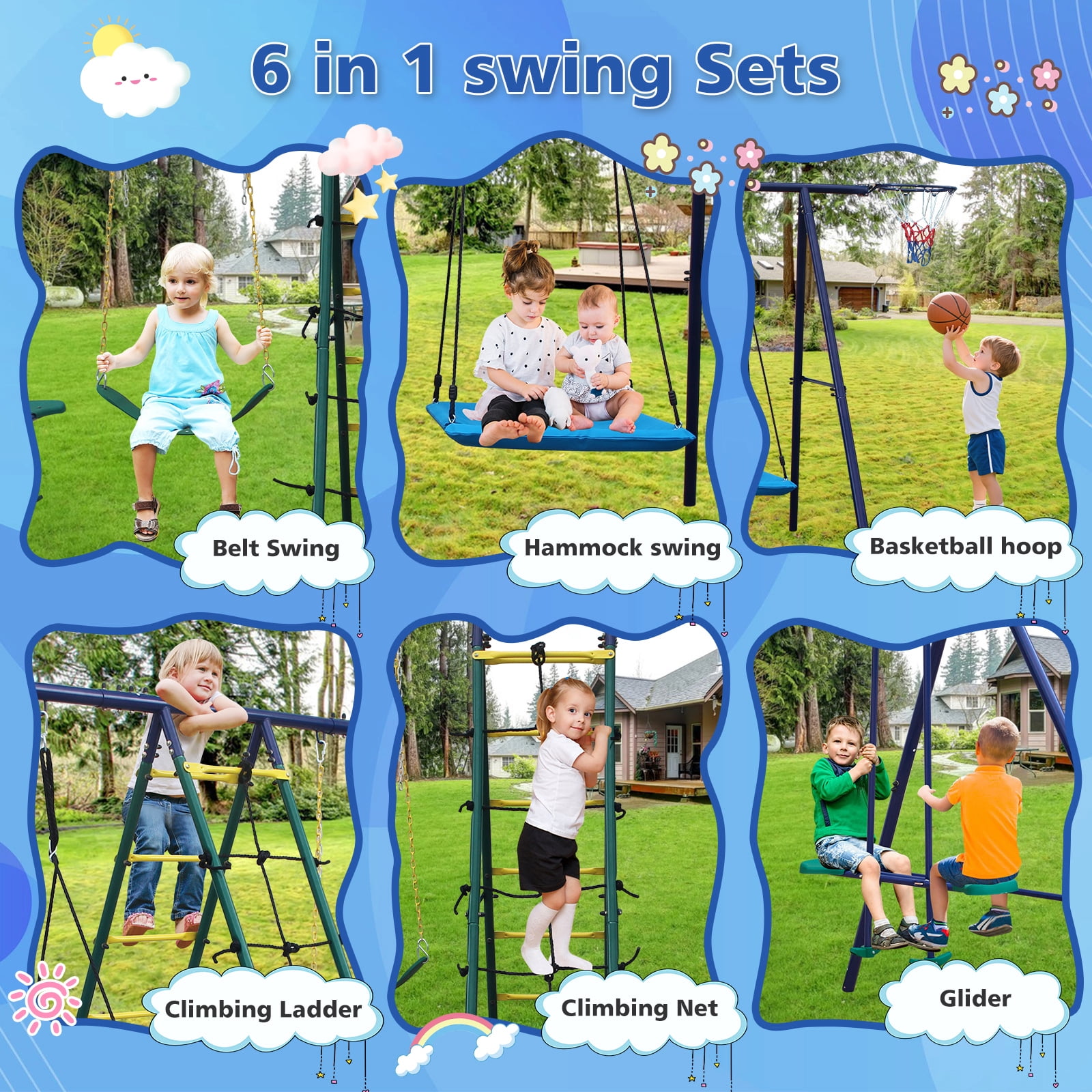 Hommoo 6 in 1 Swing Set With Climbing Ladder, Climbing Net, Glider, Hammock Swing, Belt Swing, Basketball hoop for Backyard, Multicolor