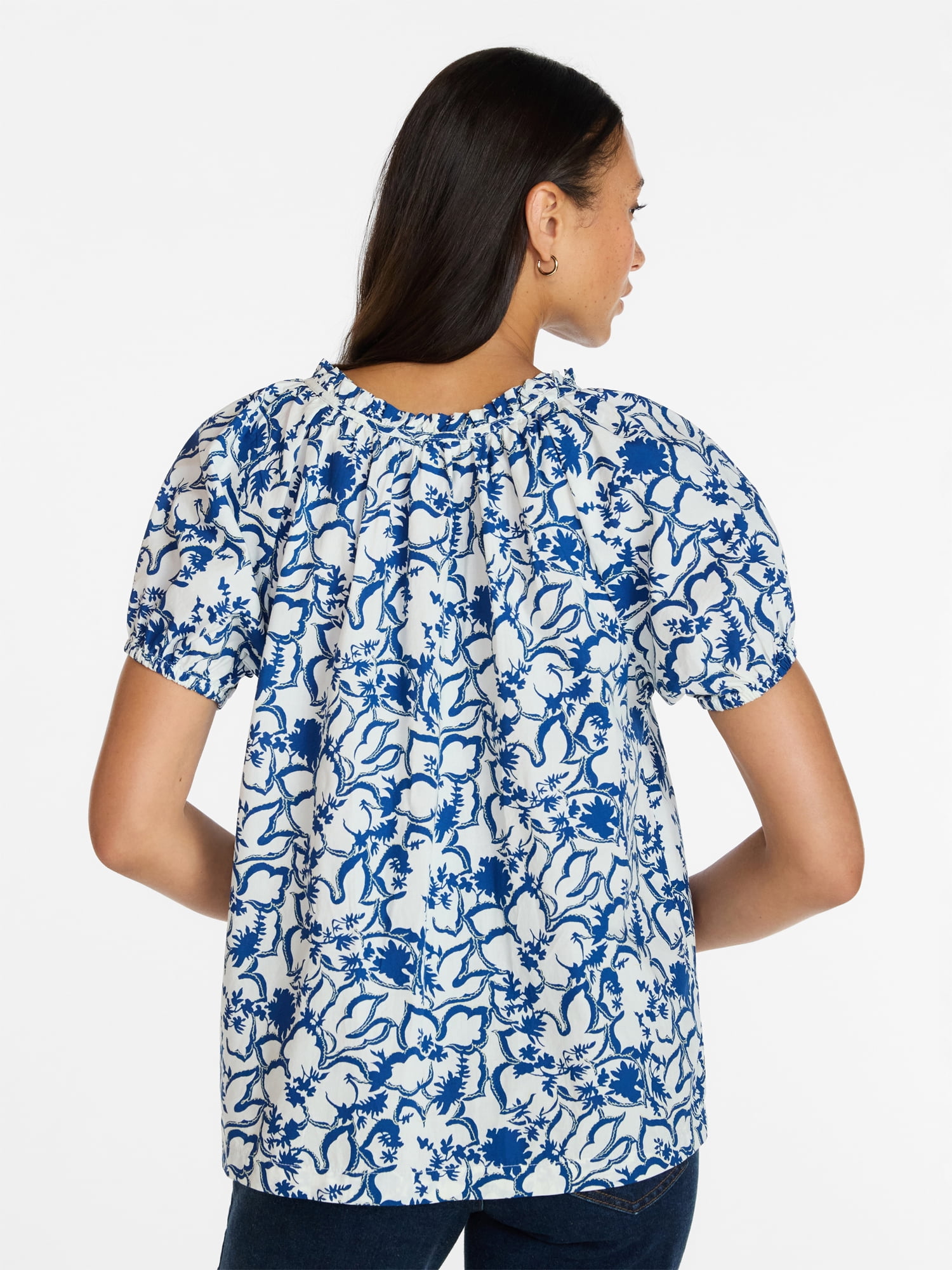 Time and Tru Women's Ruffle Neck Cotton Top with Short Puff Sleeves, Sizes XS-XXXL