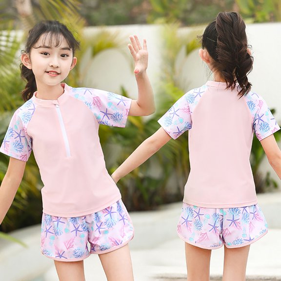 Eltusu Girls Rush Gard Sets, Two Pieces Zipper Beachwear Short Sleeve Swim Tops and Shorts Pink Size 6-12 T