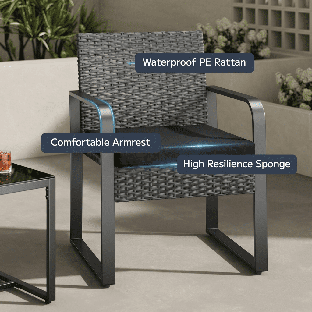Asofer 3 PCS Patio Furniture Set, Outdoor Bistro Wicker Chair with Glass Table, Poolside, Balcony, Black Cushion