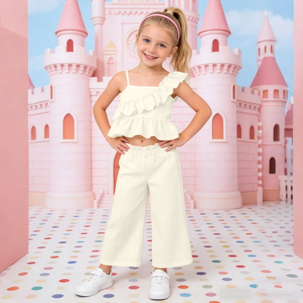 Conjunto de camiseta sin mangas con cuello redondo para niña, vestido sin mangas con botones finos para niña, falda francesa ceñida con cintura fruncida y volantes, conjunto de poliéster para niña