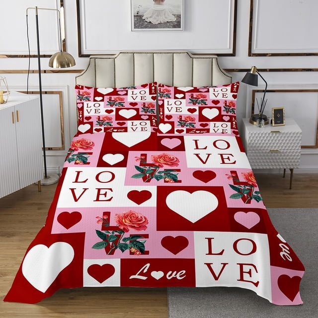Erosebridal Love Heart Coverlet Set King, Pink Rose Bedding Set, Romantic Patchwork Decor, 3pcs