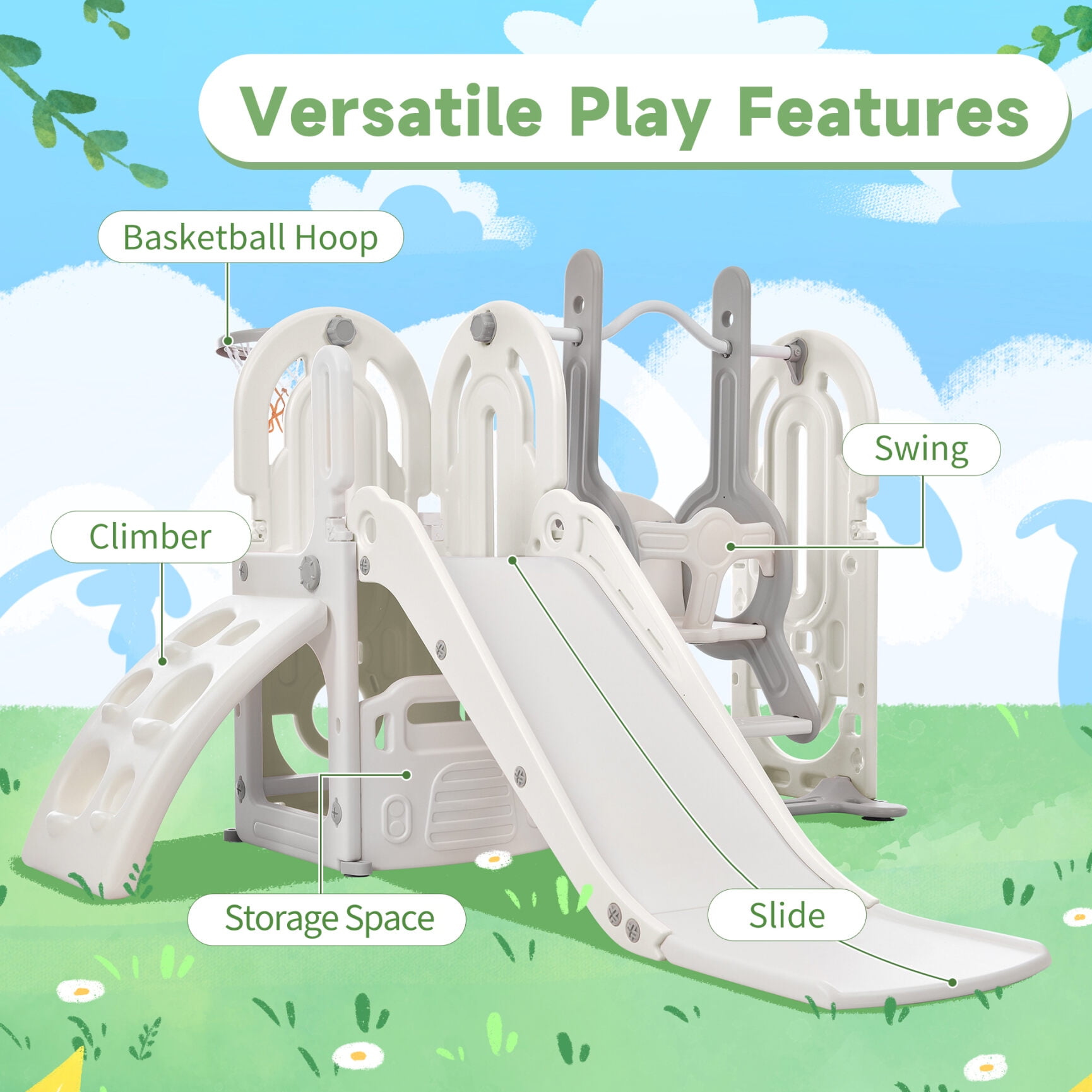 5 in 1 Toddler Swing Set, Kids Playground Climber Playset with Slide, Climbing Ramp, Basketball Hoop,and Hidden Toy Storage Space,Freestanding Combination for Babies Indoor&Outdoor,White