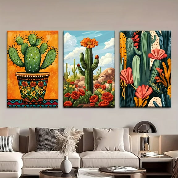 3pcs/Set, Canvas Painting--Unframed, Cactus in The Desert, Mexican Style, Posters And Prints, Living Room, Library, Office, Cafe, Bar, Abstract Art, Perfect Birthday, Holiday Gift, Valentine'S Day,