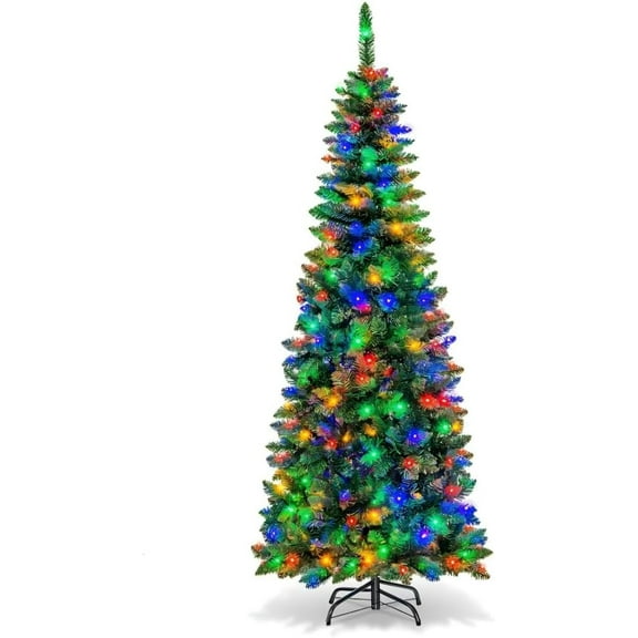 Dual Color LED Lighted PVC Christmas Pencil Tree, Mixed Flocked Branches with Natural Look, Holiday Decoration