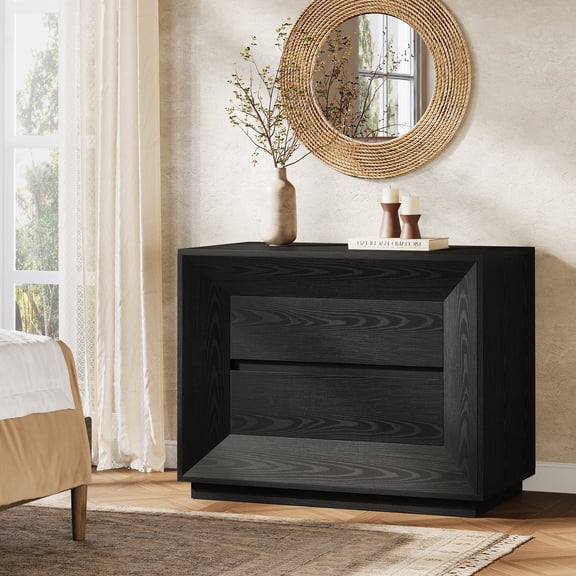 Tribesigns 35.43" Wide Nightstand, Oak Large Night Stand with Drawers, Farmhouse Oversized Nightstand Bedside Table, Black