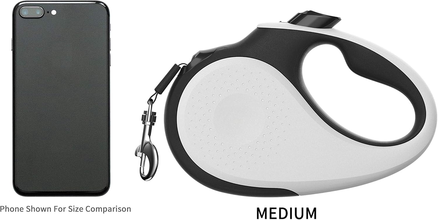 360 °   Tangle-Free Retractable Dog Leash |   16 ft Strong Nylon Tape |   One-Handed Brake, Pause, Lock (Medium, White)