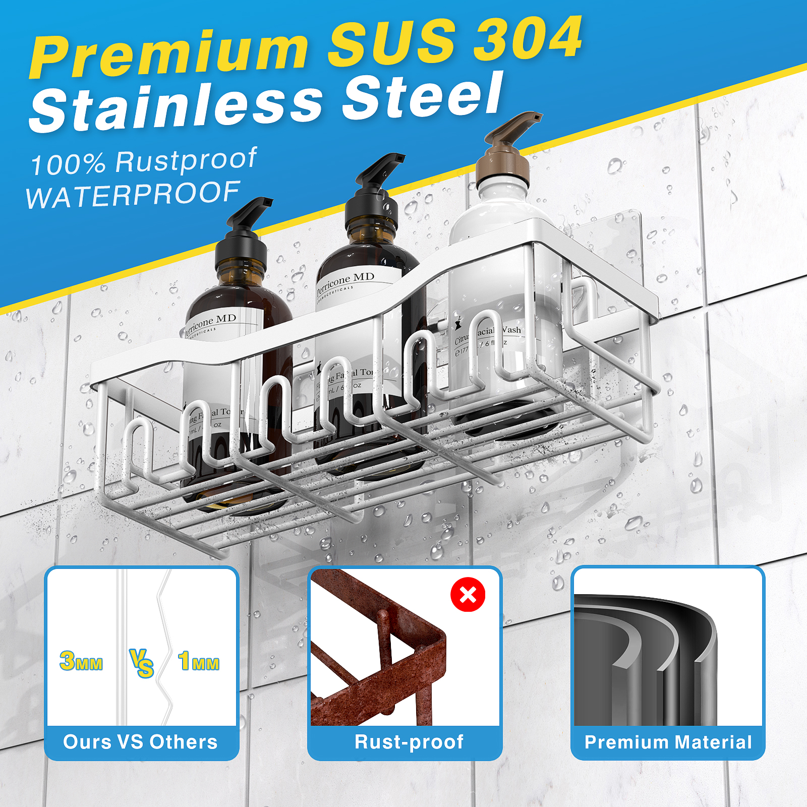 Shower Caddy 5 Pack,Adhesive Shower Organizer for Bathroom Storage&Home Decor&Kitchen,No Drilling,Large Capacity,Rustproof Stainless Steel Bathroom Organizer,Shower Shelves for Inside Shower