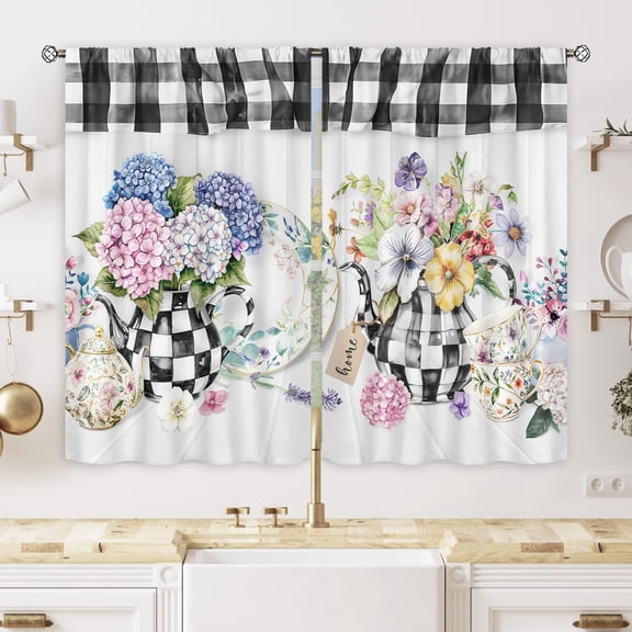 Spring Floral Kitchen Curtains Rustic Hydrangeas Buffalo Plaid Colorful Flowers Leaf Plant Farmhouse Vintage Rod Pocket Country Bedroom Living Room Treatment Fabric 2 Panels 27.5Wx39H Inch