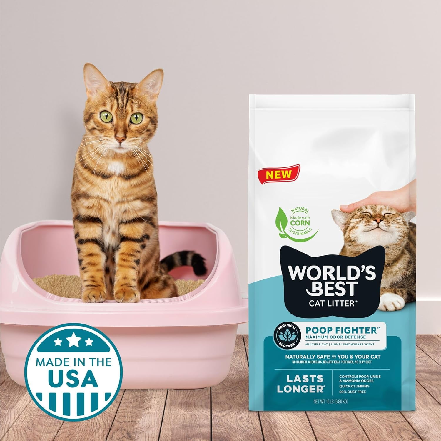 WORLD'S BEST CAT LITTER Poop Fighter Maximum Odor Defense - Long-Lasting Odor Control, Natural Ingredients, Quick Clumping, Flushable, 99% Dust Free, Easy Scooping - 15lb Bag
