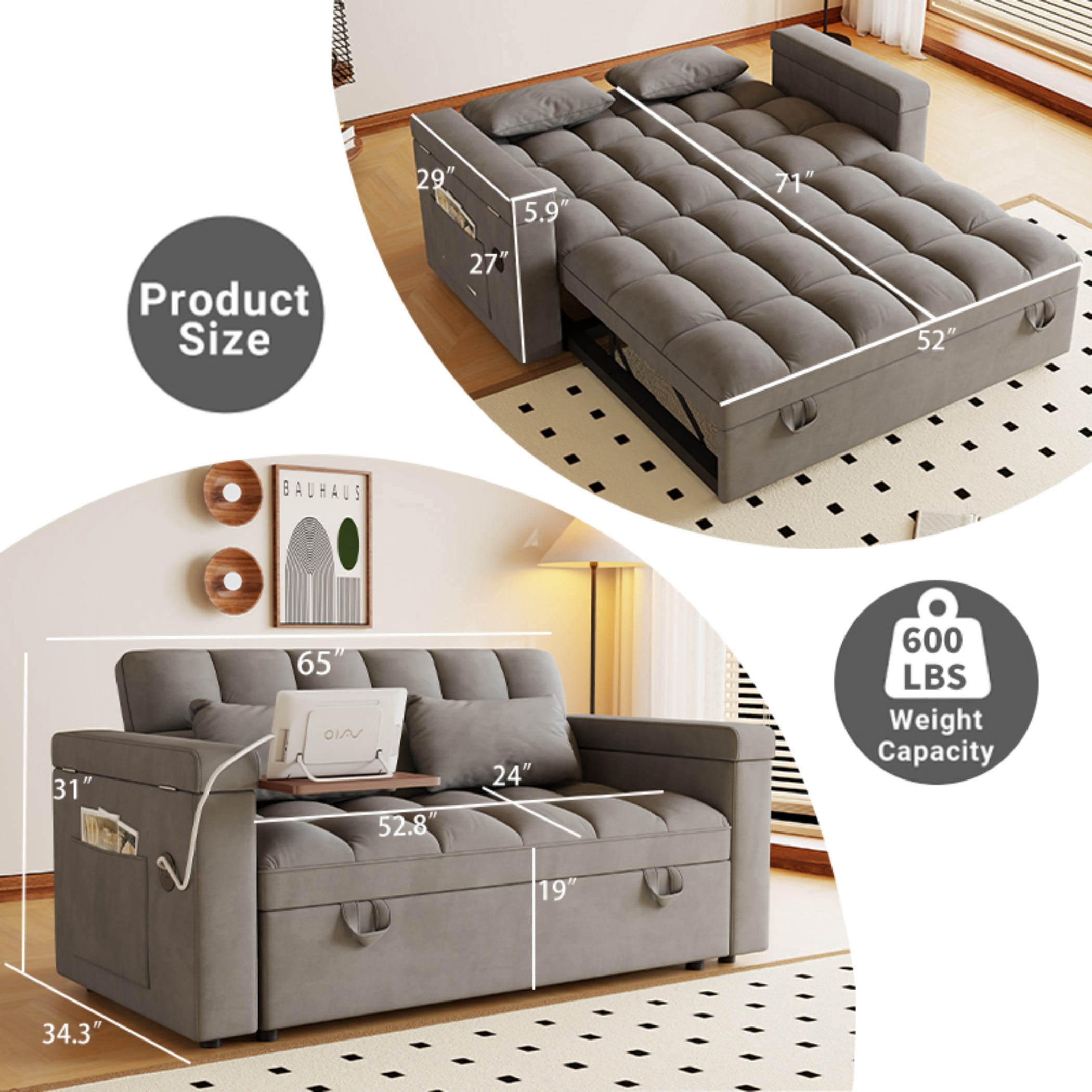 BSHTI 65" 3-in-1 Velvet Foldable Sofa Bed with USB Port & Table Board – 5-Position Adjustable Backrest, Storage Armrests, Large Convertible Sleeper Couch for Living Room, Apartment, Office,Dark Grayy
