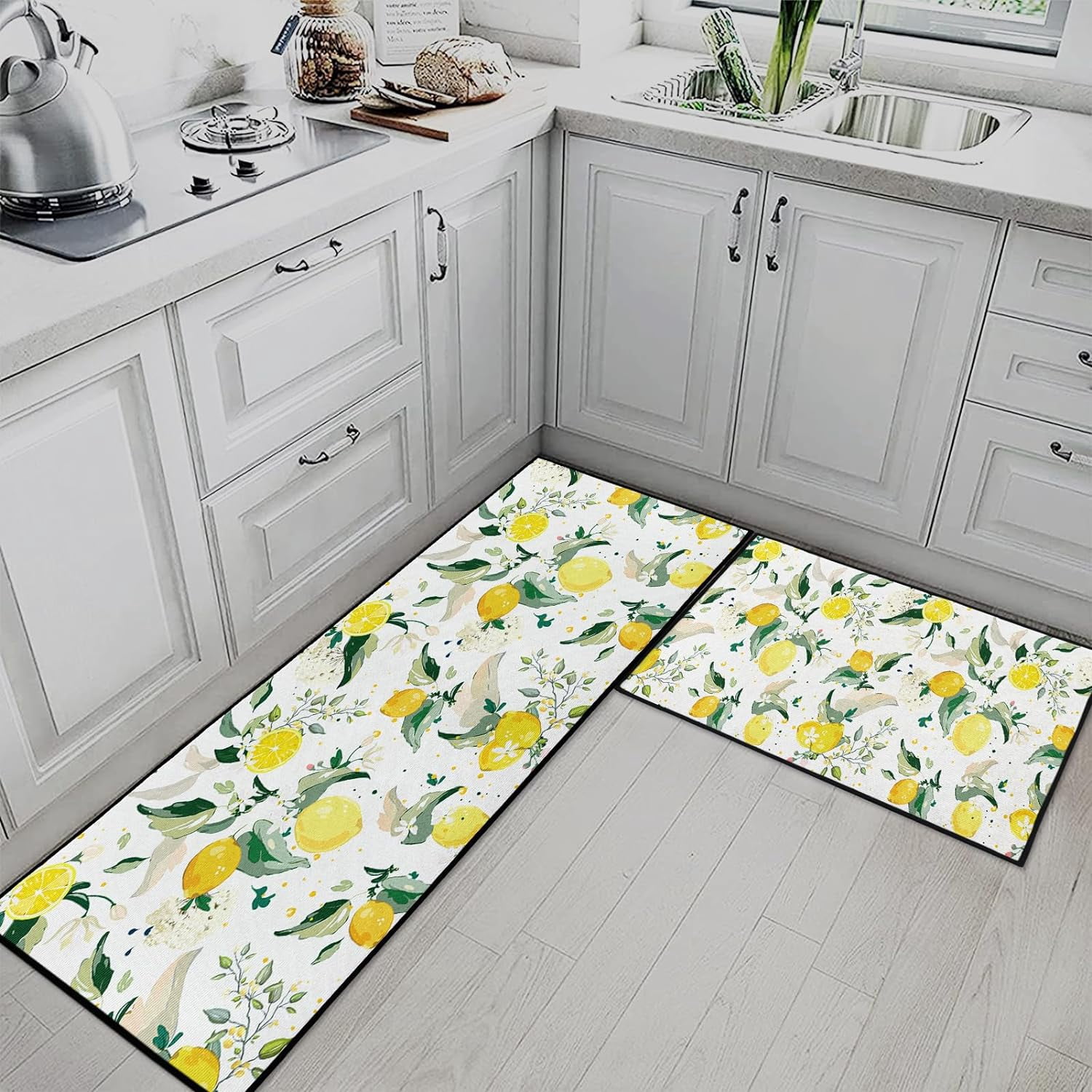 Lemon Kitchen Rugs and Mats Non Skid Washable Set of 2, Watercolor Kitchen Mats for Floor, Summer Tropical Fruit Kitchen Runner Rug, Lemons Kitchen Decor