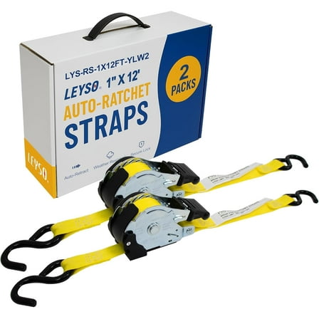 Leyso 1 Inch x 12 Ft Retractable Ratchet Straps, Auto Ratchet Straps with 1500 lbs Break Strength, Retractable Ratchet Tie Down Straps for Jet Skis, Motorcycles, Boats (2 Pack - Yellow)