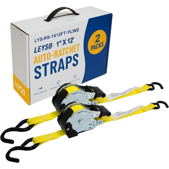 Leyso 1 Inch x 12 Ft Retractable Ratchet Straps, Auto Ratchet Straps with 1500 lbs Break Strength, Retractable Ratchet Tie Down Straps for Jet Skis, Motorcycles, Boats (2 Pack - Yellow)