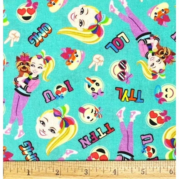 1 Fat Quarter - JoJo & BowBow on Blue/Green Cotton Fabric - 21" X 18"