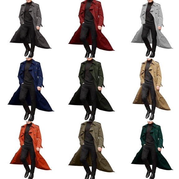 CIENVNSTG Men's Trench Coat Double Breasted Belted Pea Coat Winter Waterproof Trenchcoats Lapel Long Jackets Trench Overcoat Soft Elegant Windbreaker Green L