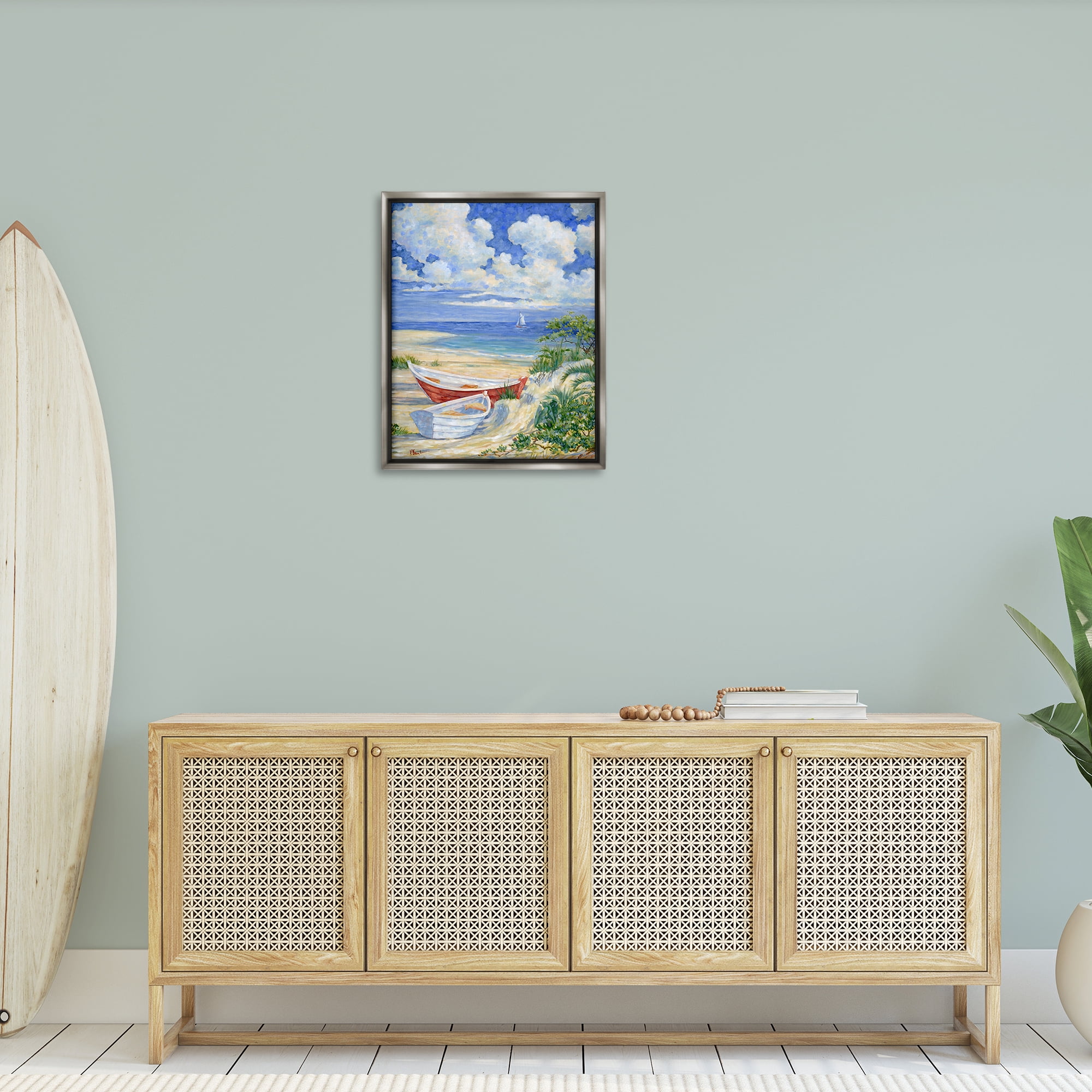 Stupell Industries Two Boats on Sand Transportation Painting Gray Floater Framed Canvas Art Print Wall Art, 25 x 31
