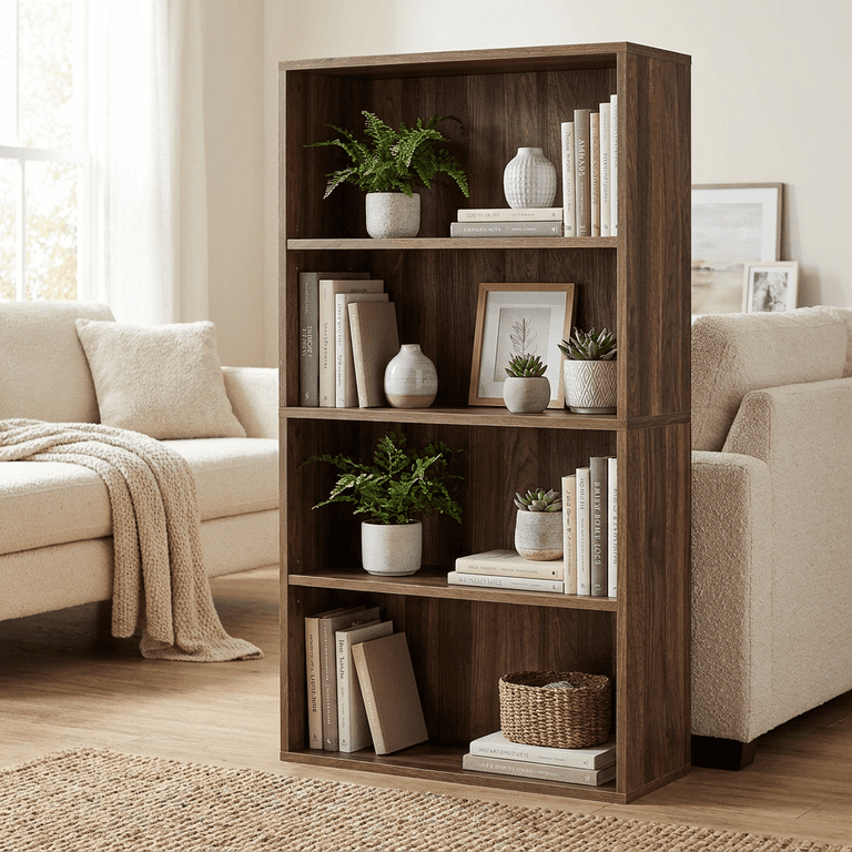Ledrem 4-Tier Bookshelf with Adjustable Shelves, Natural Walnut photo 5