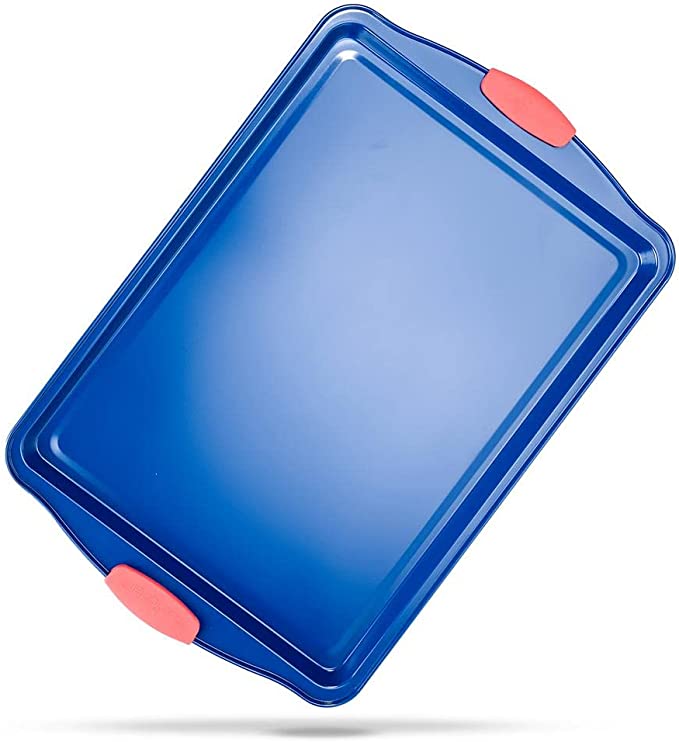 NutriChef 17” Blue NonStick Baking Pan, with Red Silicone Handles