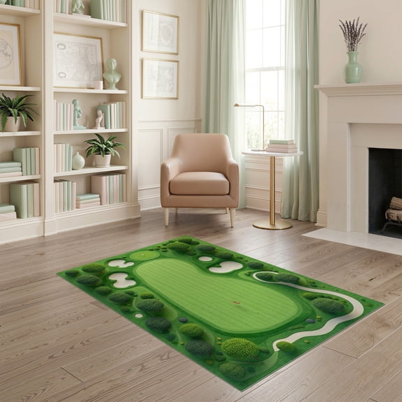 ODIKA 4'x6' Golf Course Tee Off Green Washable Area Rug Stain Resistant, Low Pile, Easy Care for Dorm Room, Small Living