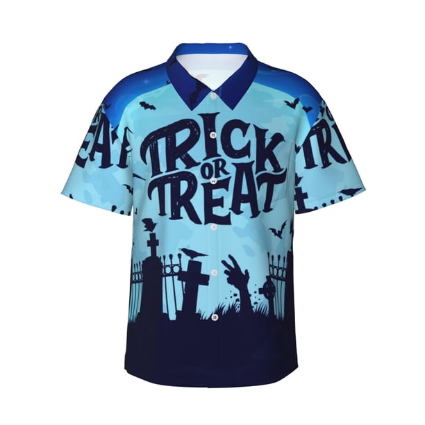 Fotbe Halloween Trick Or Treat Camisa Hawaiana para Hombre Unisex – Camisa Casual de Verano con Botones de Manga Corta de Algodón y Lino,XX-Large