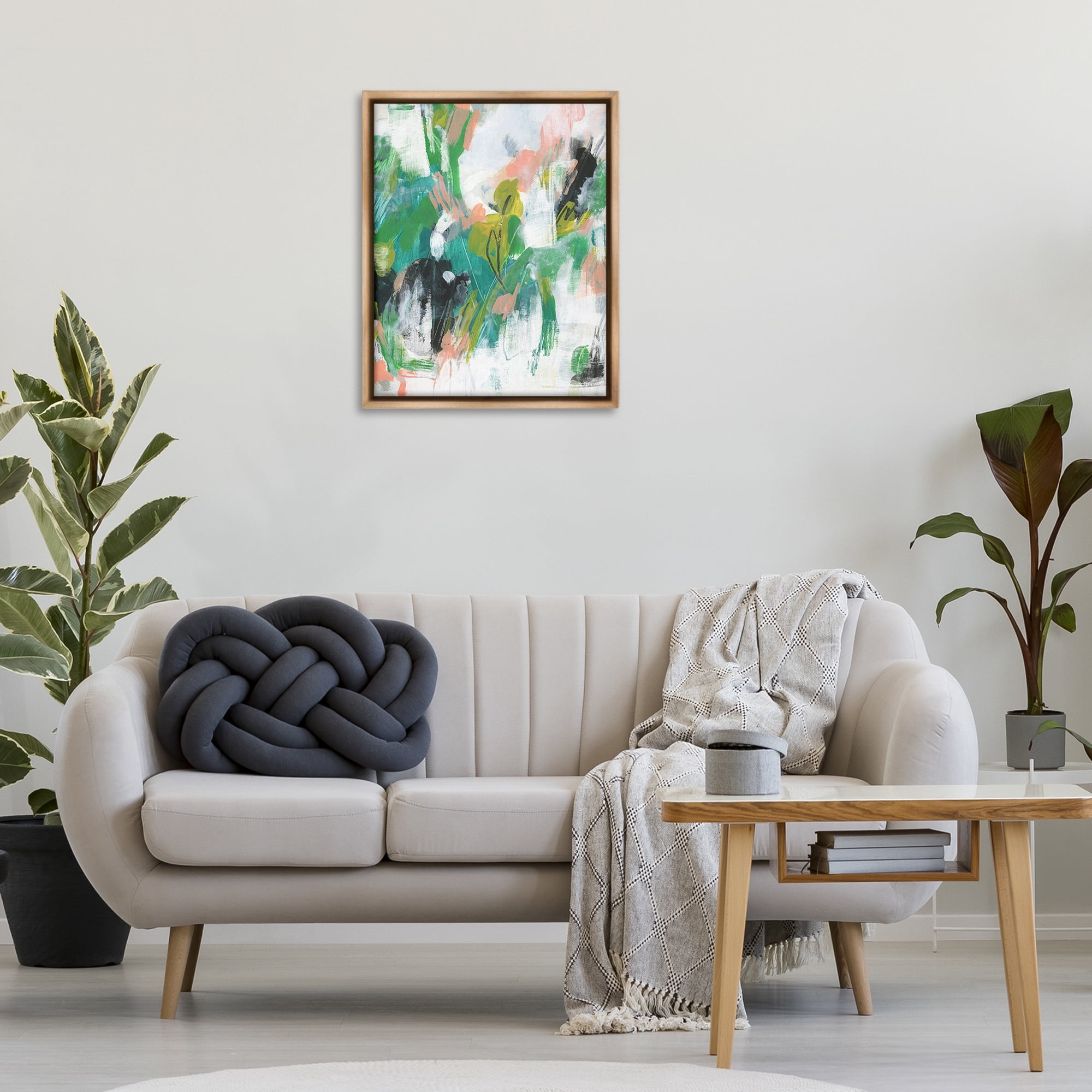 Stupell Industries Chaotic Green & Pink Abstract Abstract Painting Brown Floater Framed Canvas Art Print Wall Art, 25 x 31