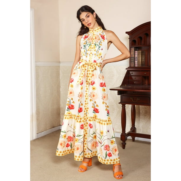 Vestido Bellabarnetten Floral Cuello Alto sin Mangas Midi