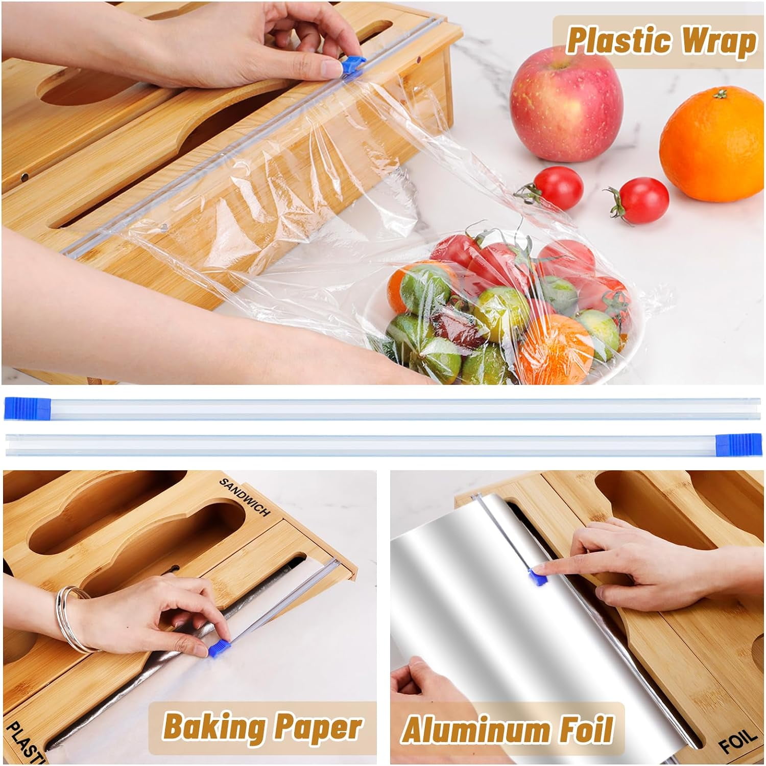 Bamboo Ziplock Bag Storage Organizer for Kitchen Drawer, Foil and Plastic Wrap Dispenser with Cutter, Food Plastic Baggie Holder for Gallon, Quart, Sandwich, Snack, Fit for Wall Hanging
