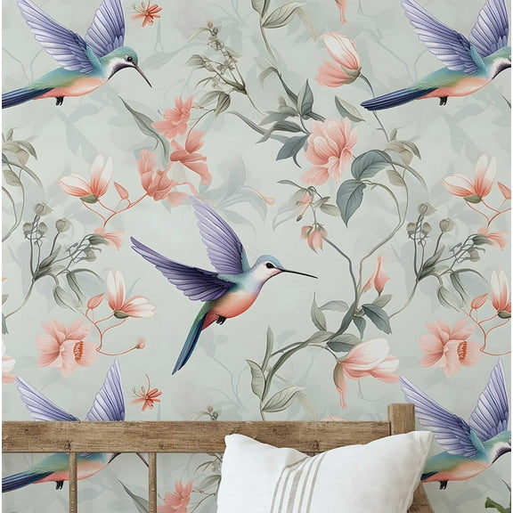 S4Sassy Removable Nature-Inspired Waterproof Wall Wrap, Plain Finish Wallcover, Flower & Birds Contact Paper For Walls, Cabinets, Dresser, Self Adhesive Vinyl Wallpaper Roll - Blue (25"X120")