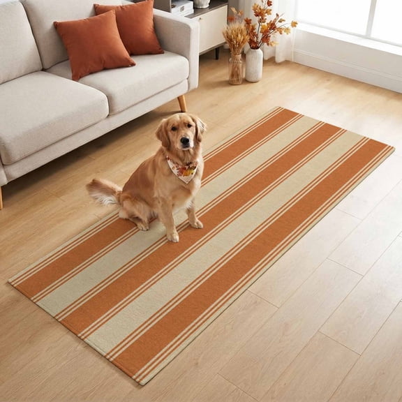 Rectangle Rug 2x6ft, Terracotta Beige Striped Soft Non-Slip Washable Felt Carpet Pad, Rustic Farmhouse Area Rugs for Living Room Bedroom Kids Room