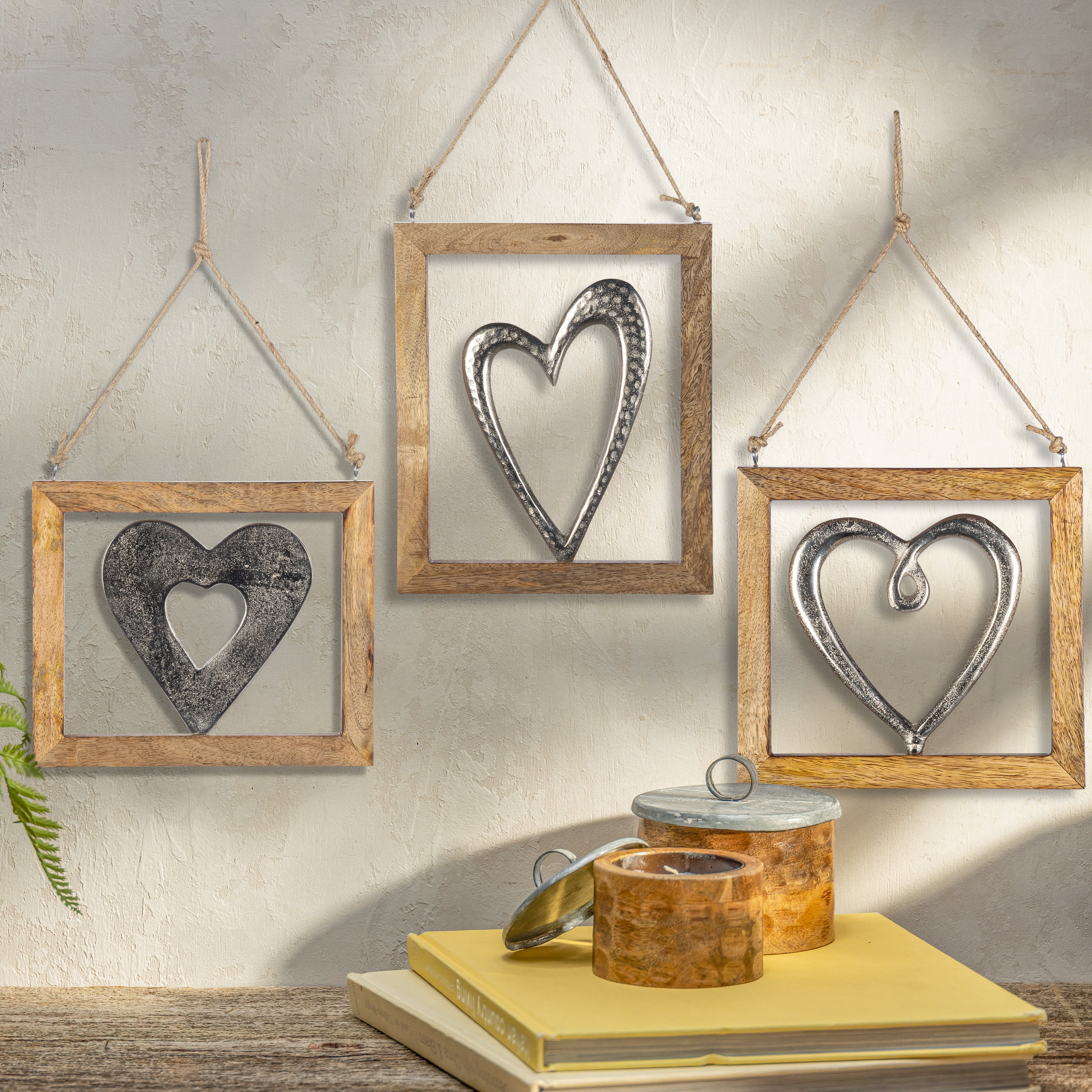 Gerson Set of Three 9.25in H Mango Wood and Metal Heart Wall Art