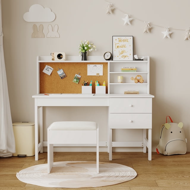 Ensemble Bureau et Chaise Inclinés pour Enfants avec Plateau en Liège et Tiroirs de Rangement, Table d'Étude en Bois Réglable avec Étagères pour 3 à 8 Ans, Blanc Bleu Rose
