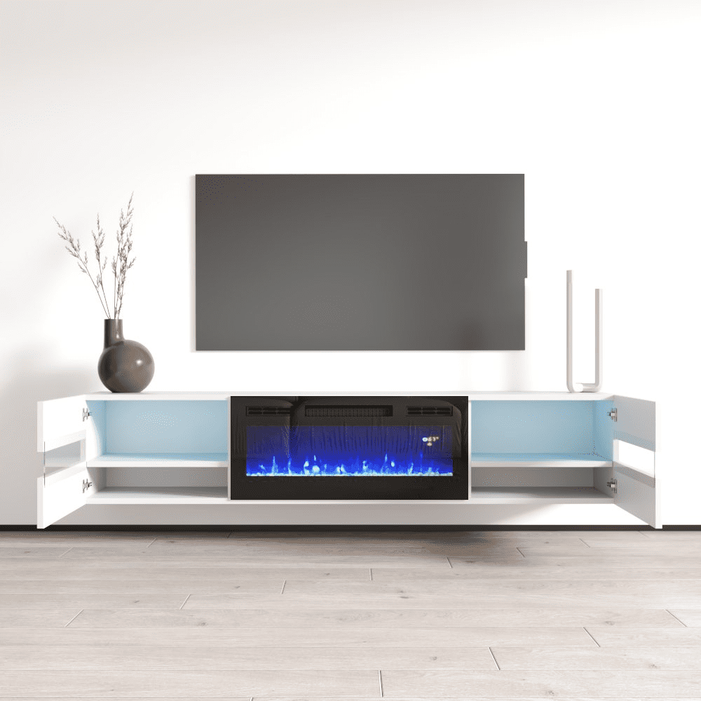 Metro BL-EF Floating Fireplace TV Stand for TVs up to 80", Modern High Gloss 72" Entertainment Center, Wall Mounted Electric Fireplace TV Media Console with Storage Cabinets