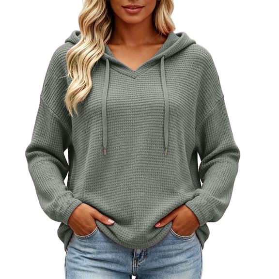 Qgtaibl Womens Hoodies Waffle Knit V Neck Long Sleeve Sweatshirts Loose Fit Casual Drawstring Pullover Tops Fall Winter Thermal Shirts Green XXL