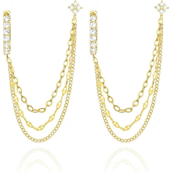 Double Hole Earrings - Gold Zircon Flower Studs with Chains and Two Piercing Dangle Hoops